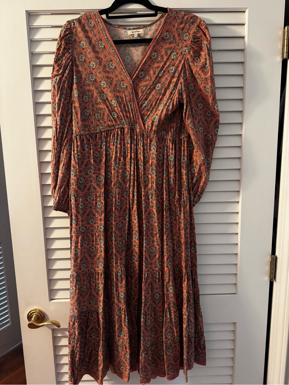 Max Studio Rust Paisley V-Neck Long Sleeve Maxi Dress
